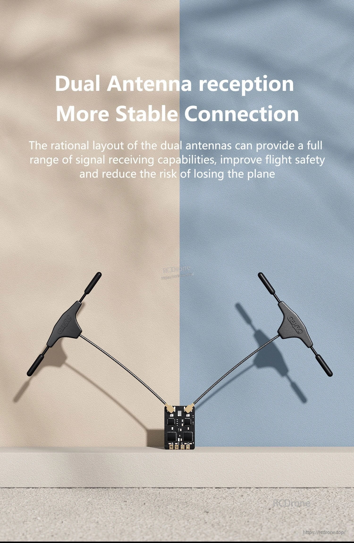 GEPRC ELRS DUAL 2.4G Diversity Receiver, GEPRC ELRS 2.4G diversity receiver board with dual antennas connected for dual-antenna reception
