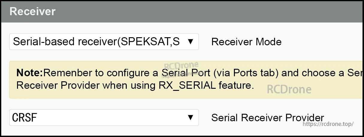 GEPRC ELRS DUAL 2.4G Diversity Receiver, Betaflight Receiver tab settings with Serial-based receiver mode selected and CRSF serial receiver provider