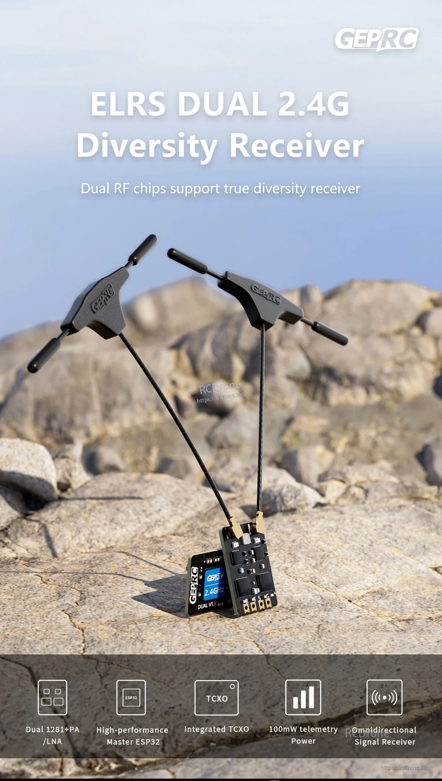 GEPRC ELRS Dual 2.4G diversity receiver with two antennas and compact module boards for RC drone control