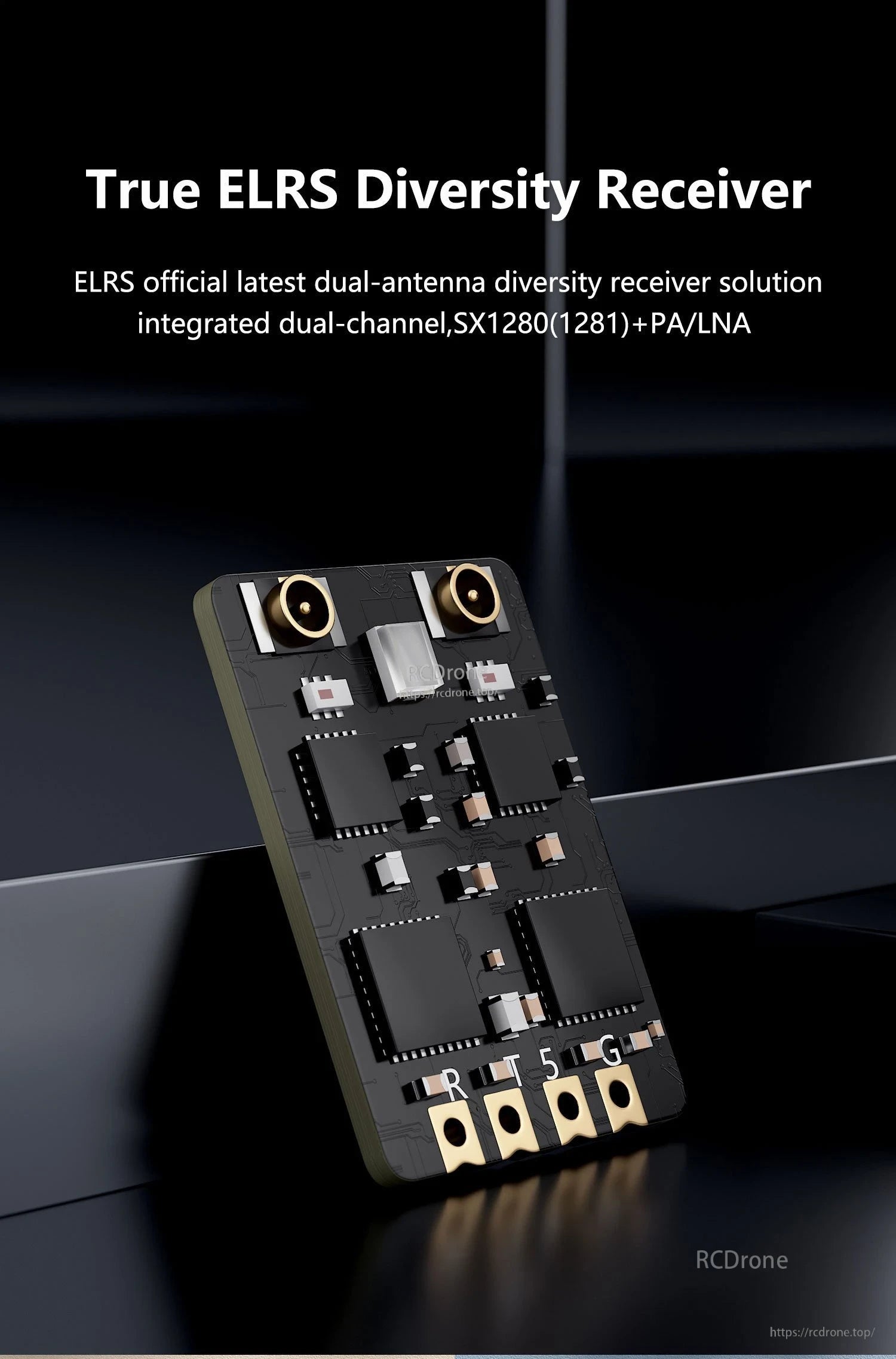 GEPRC ELRS dual 2.4G diversity receiver board with two antenna connectors and R/T/5V/G solder pads