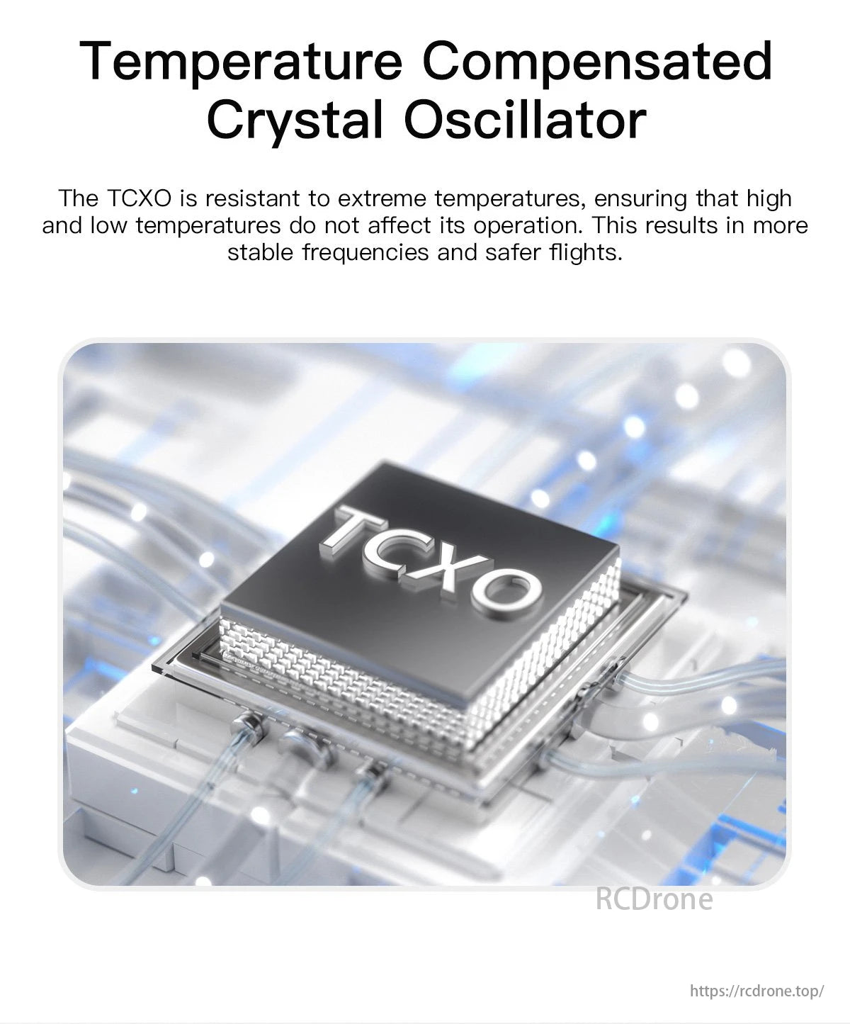 GEPRC ELRS DUAL 915M / 868M Receiver, TCXO ensures stable frequencies and safer flights by resisting extreme temperatures.