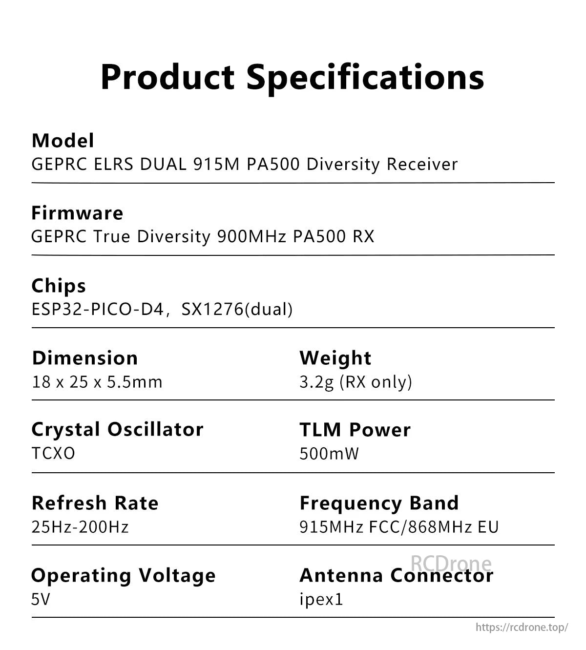 GEPRC ELRS DUAL 915M PA500 Receiver: True diversity receiver with GEPRC firmware, using dual chips and featuring TCXO crystal oscillator.