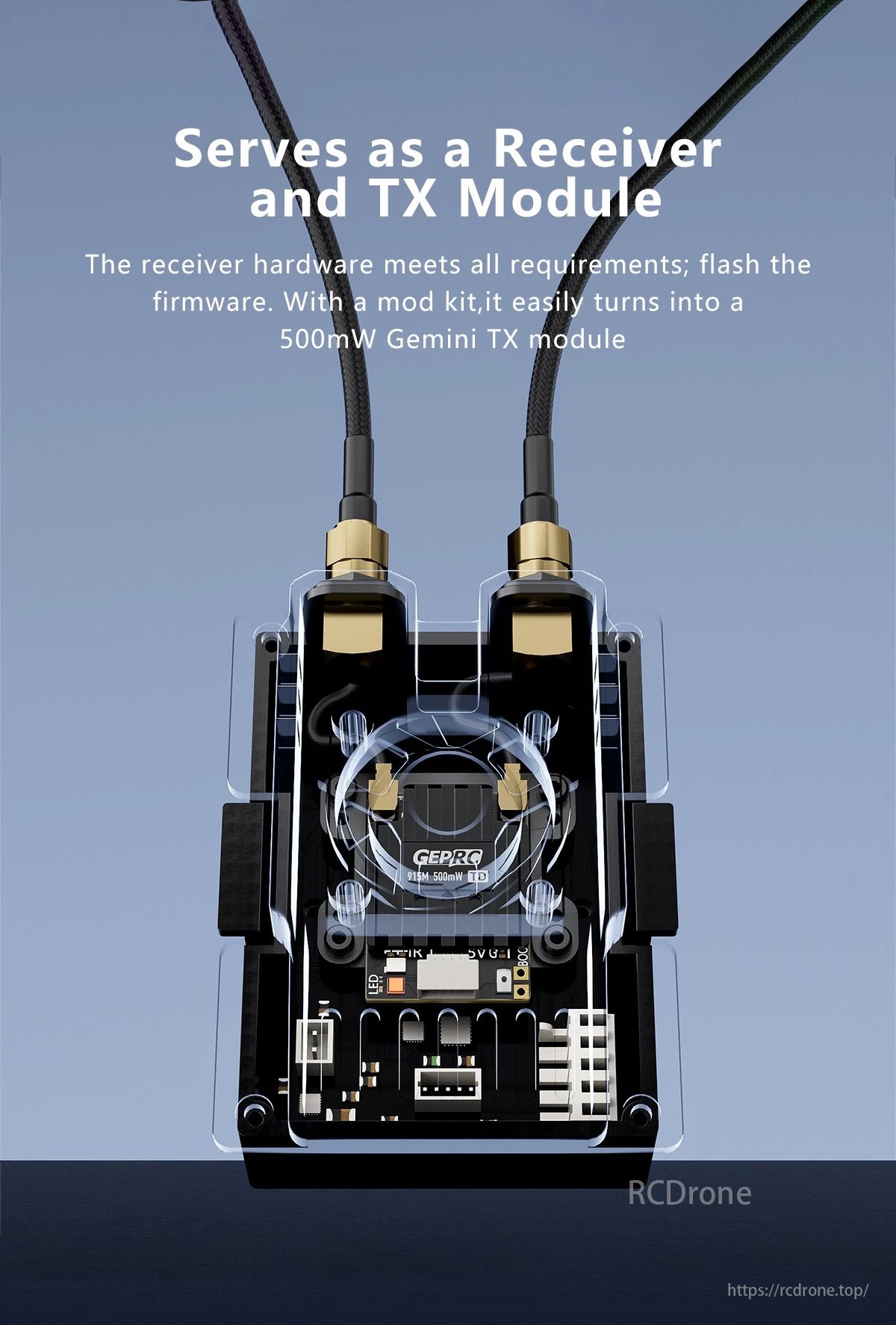 GEPRC ELRS DUAL 915M PA500 Receiver, Module serves as receiver and transmitter, meeting hardware requirements, flashable with firmware, and can be transformed into a GEPRC ELRS 500m.