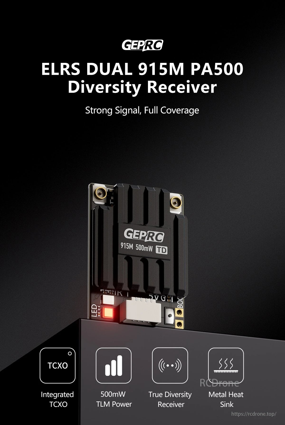 GEPRC ELRS DUAL 915M PA500 Receiver, GEPRC ELRS receiver offers strong signal and full coverage with true diversity metal heat TCXO power.