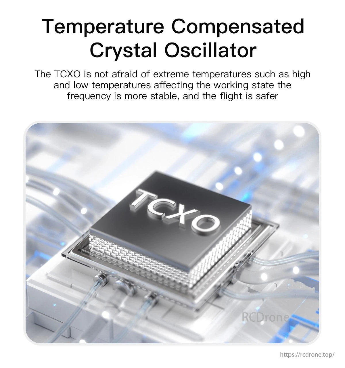 GEPRC ELRS Nano 2.4G PA100 Receiver, The Temperature Compensated Crystal Oscillator (TCXO) operates stably across extreme temperatures, unaffected by heat or cold.