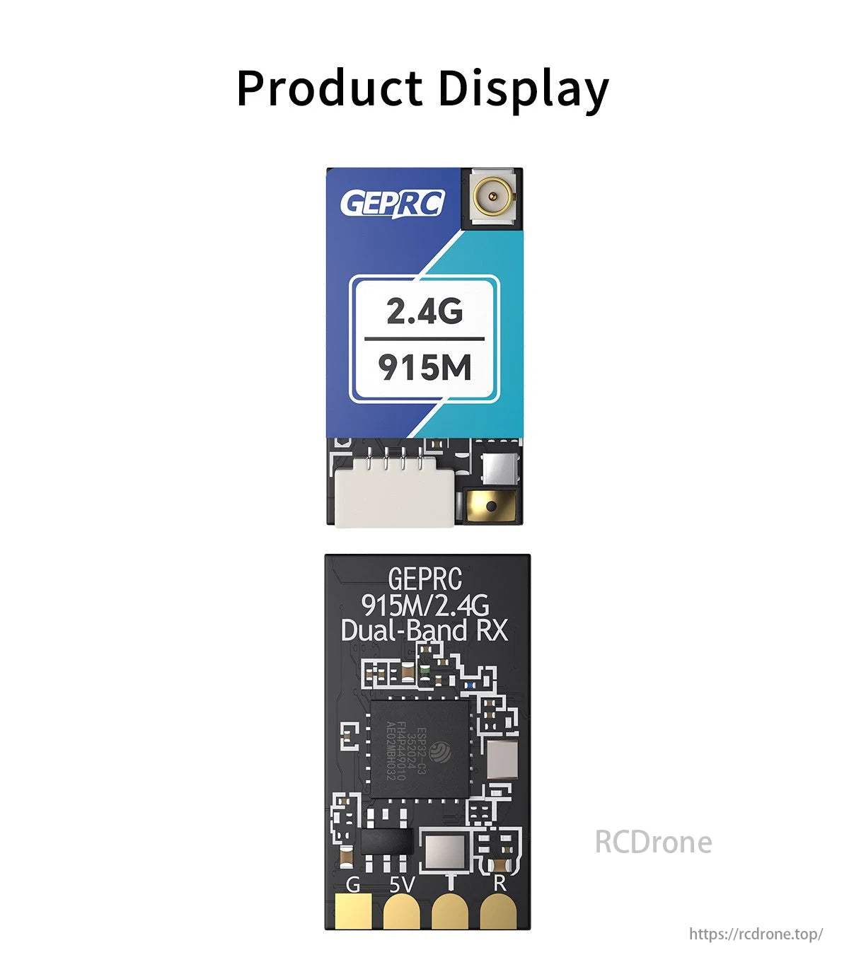 GEPRC ELRS Nano 915M/2.4G Dual-Band Receiver, GEPRC ELRS Nano receiver, dual-band (915M/2.4G), compact with G, 5V, T, R connectors for versatile use.