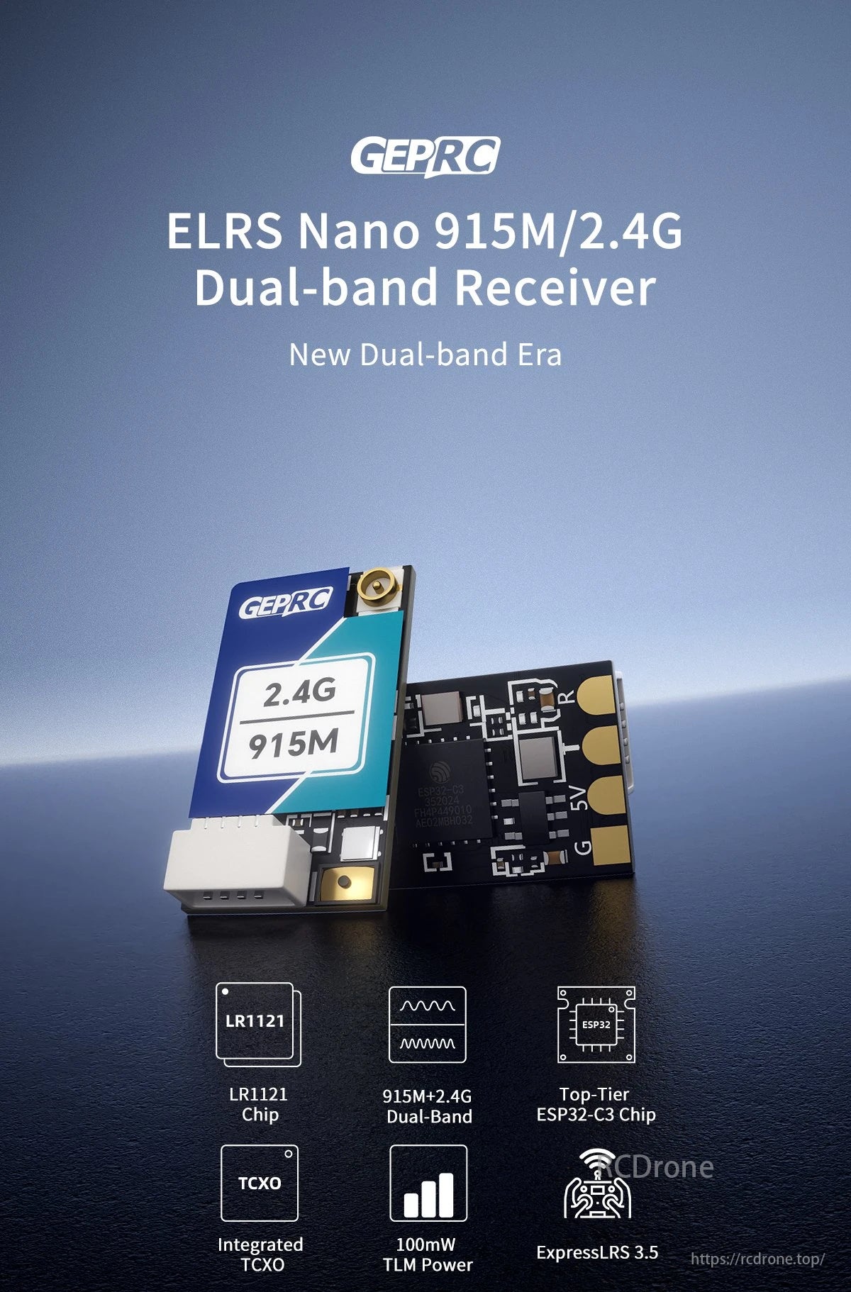 GEPRC ELRS Nano 915M/2.4G Dual-Band Receiver, A new era of dual-band technology features a 915M ESP32-G3 and 2.4G Top-Tier Chip in the GEPRC ELRS Nano Dual-Band Receiver.