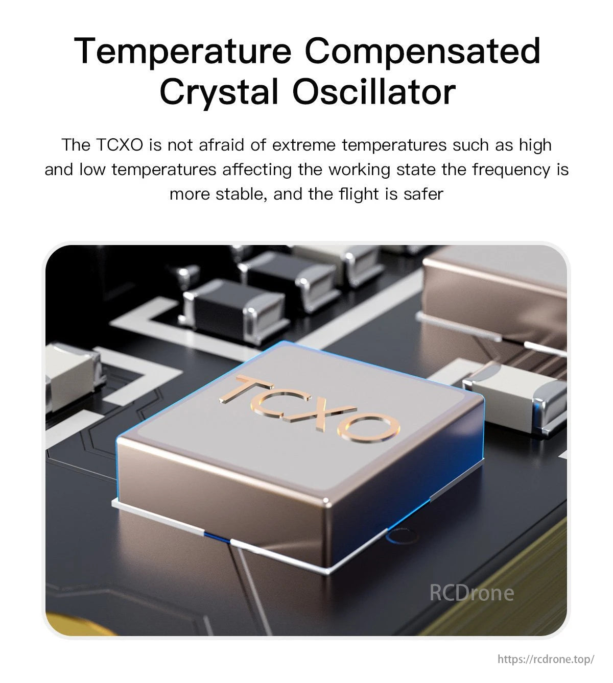 GEPRC ELRS Nano 915M V2 Receiver, A Temperature-Compensated Crystal Oscillator (TCXO) provides stable frequency performance in extreme temperatures, ensuring safety during flight.