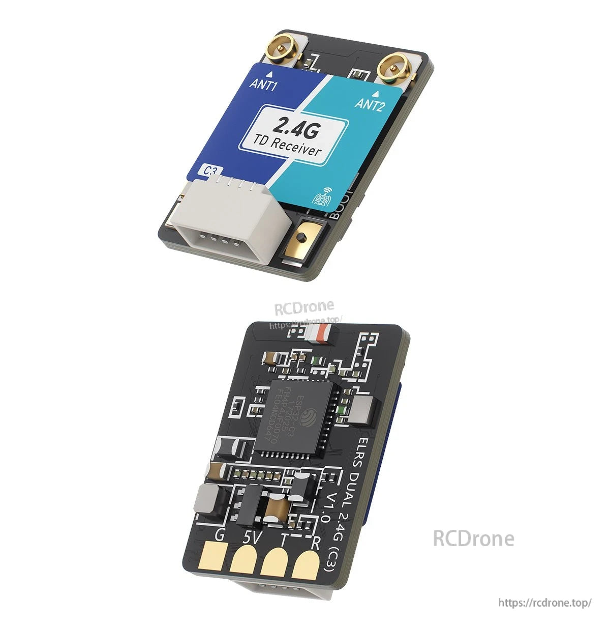 GEPRC ELRS Dual 2.4G Nano receiver board with ANT1/ANT2 antenna connectors and labeled G 5V T R pads