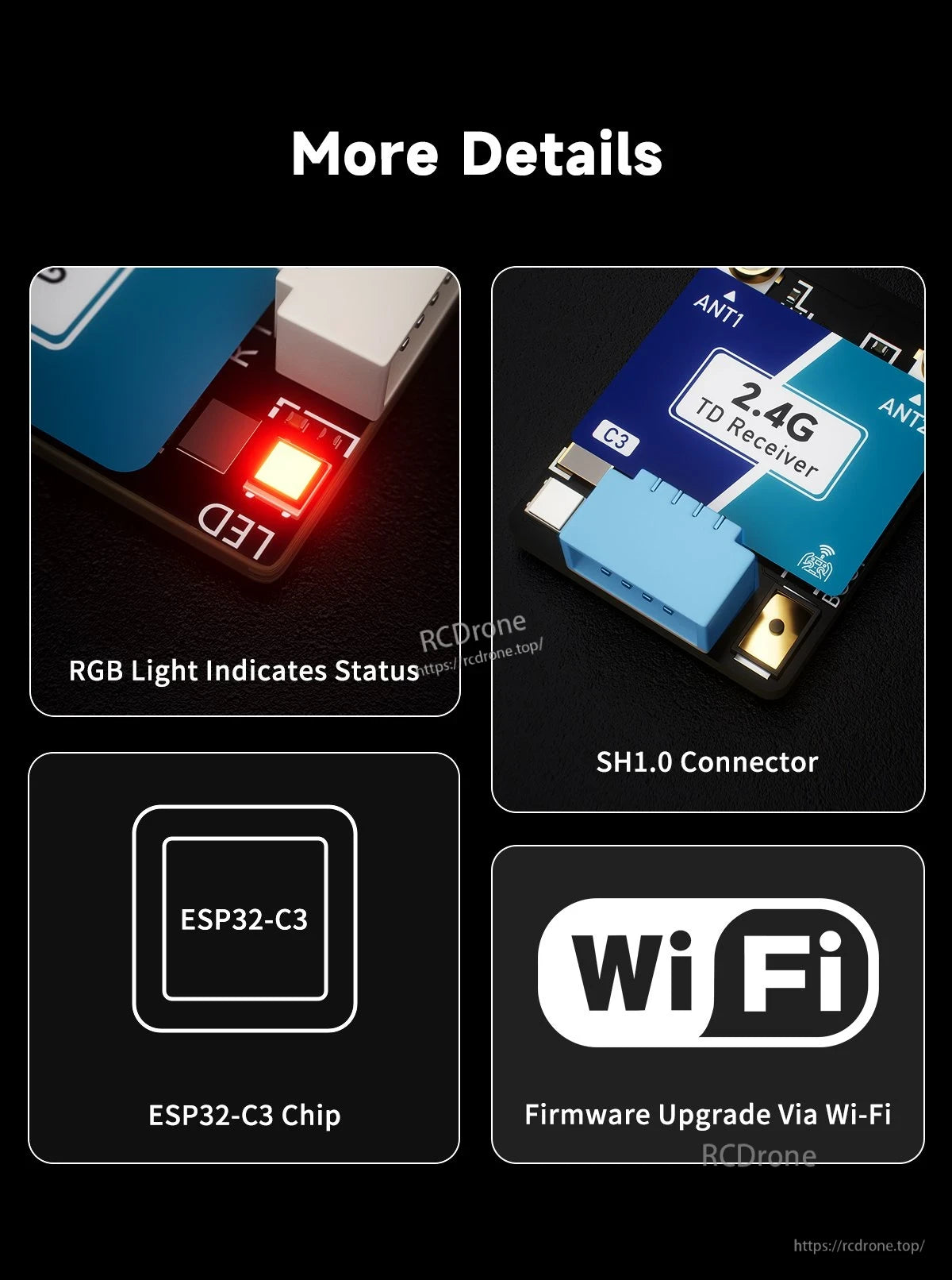 GEPRC ELRS 2.4G true diversity nano receiver close-up with RGB status LED, SH1.0 connector, and Wi‑Fi upgrade support