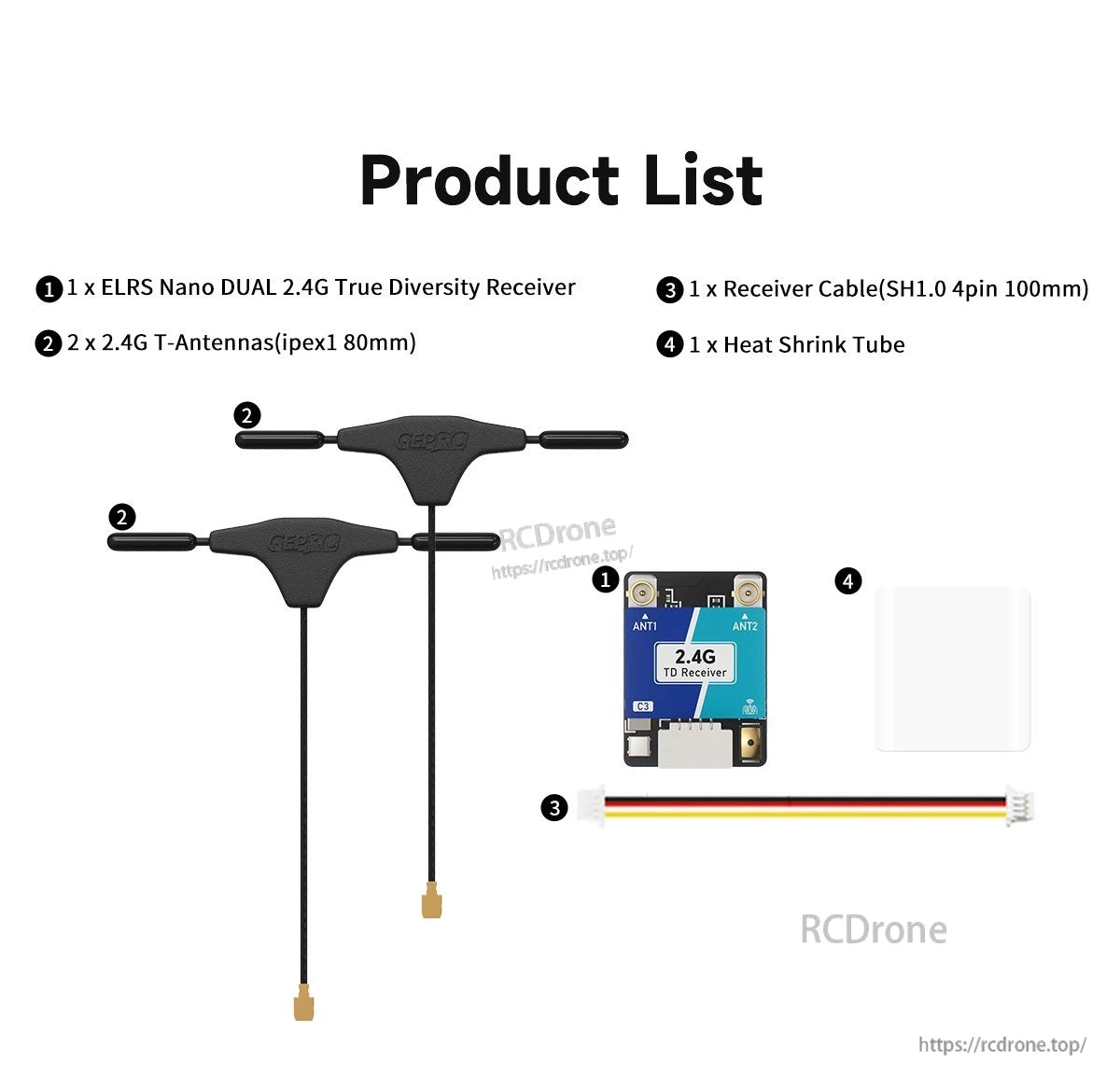 GEPRC ELRS Nano Dual 2.4G true diversity receiver kit with two T-antennas, 4-pin cable, and heat shrink