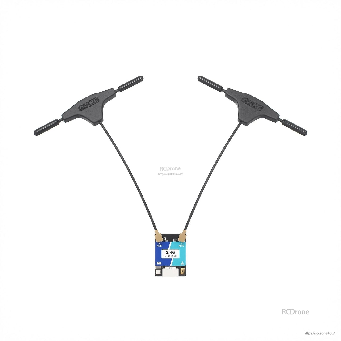 GEPRC ELRS Nano Dual 2.4G true diversity receiver board with two U.FL antennas labeled ANT1 and ANT2