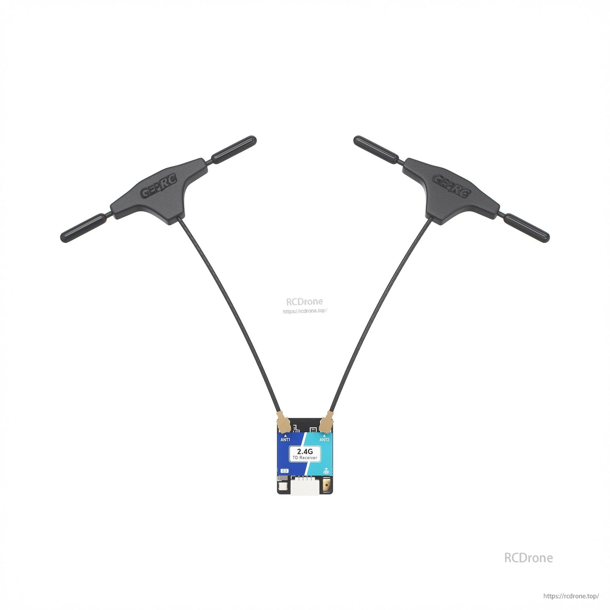 GEPRC ELRS Nano Dual 2.4G true diversity receiver board with two U.FL antennas labeled ANT1 and ANT2
