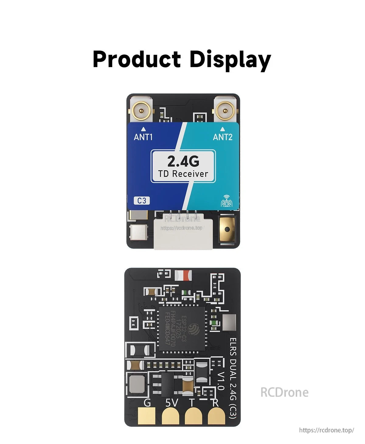 GEPRC ELRS Dual 2.4G C3 nano receiver board with ANT1/ANT2 antenna connectors and G/5V/T/R pads