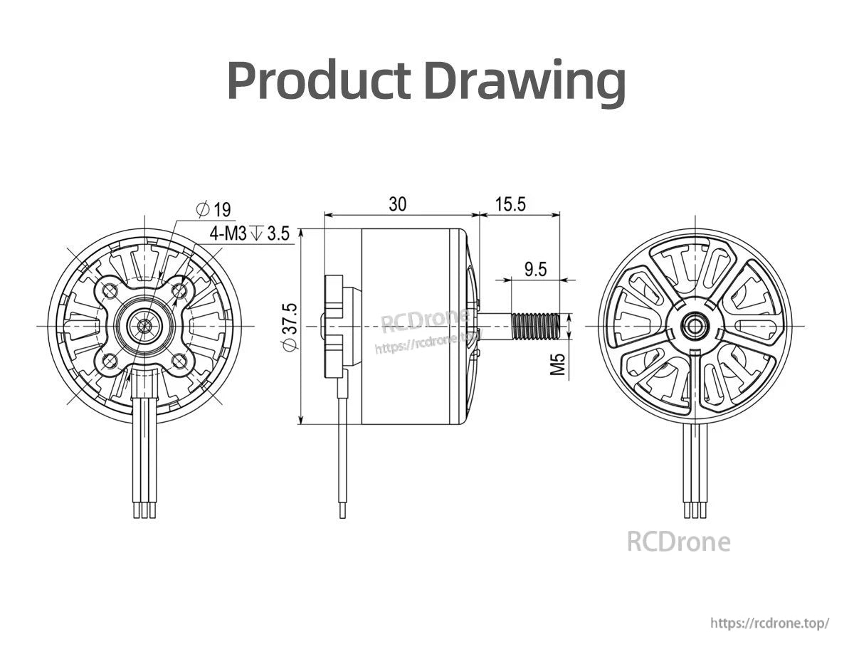 GEPRC EM3115 900KV Long-Range Brushless Motor, Standard 19x19mm mounting and 310mm 18-AWG leads for easy installation on 8-10 inch LR quads, including 10-inch FPV drone frames.