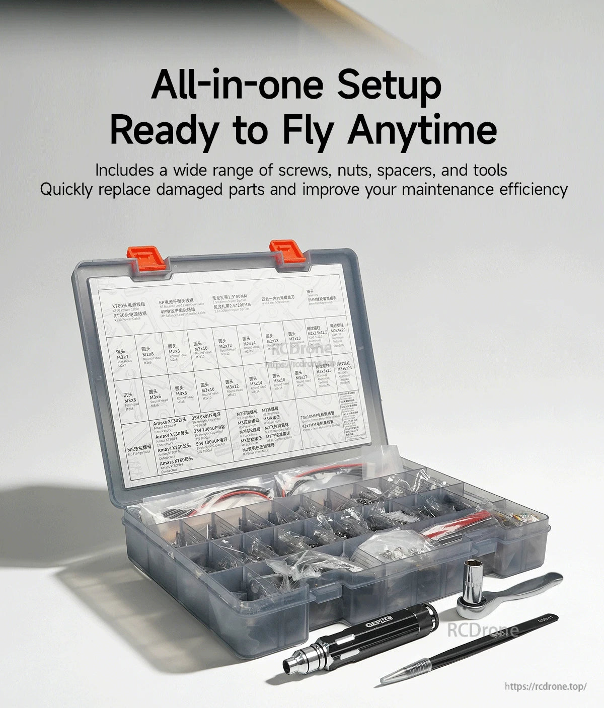 GEPRC FPV Hardware Pack, All-in-one FPV kit with tools and labeled storage for quick replacement, efficient maintenance, and immediate use.