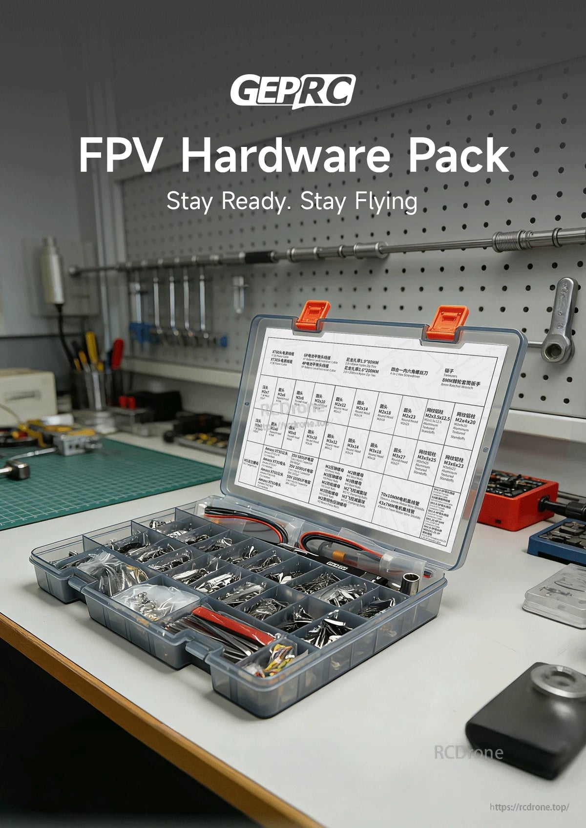 GEPRC FPV Hardware Pack offers organized, labeled compartments for drone maintenance and assembly—ideal for workshops. “Stay Ready. Stay Flying.”
