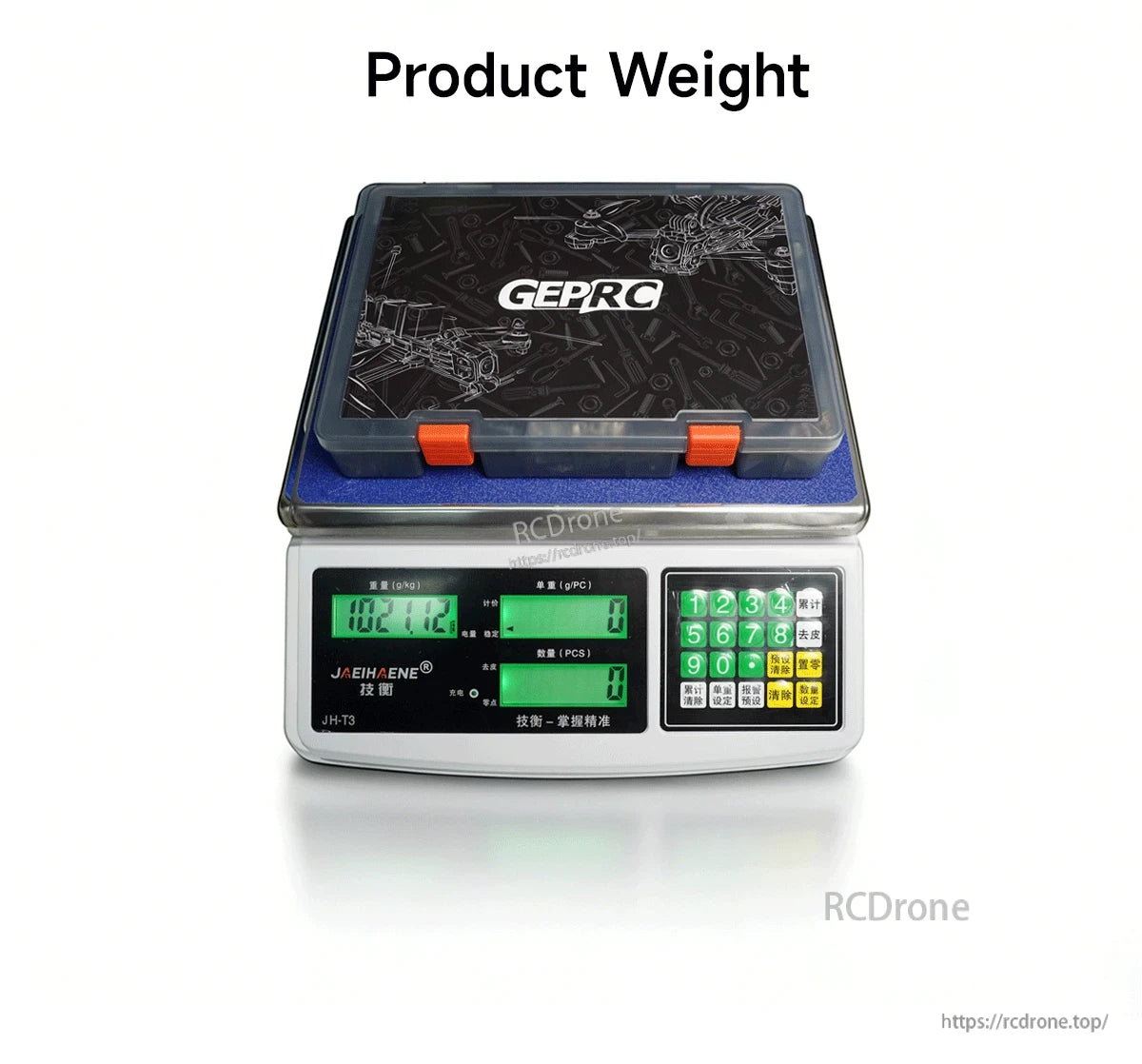 The GEPRC FPV Hardware Pack weighs 1021.12 grams, measured on a digital scale with a green display and keypad controls.