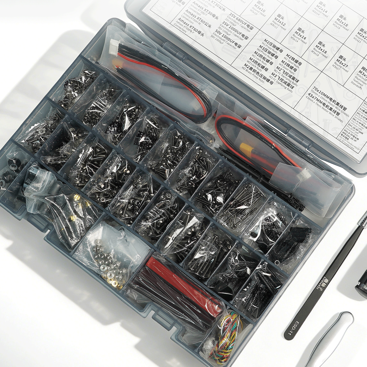GEPRC FPV Hardware Pack, Organized FPV hardware kit with labeled compartments, tools, and components—ideal for drone assembly and repairs.