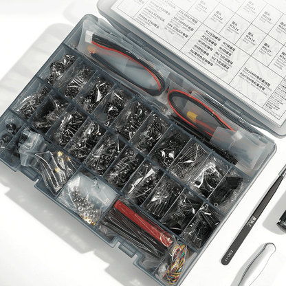 GEPRC FPV Hardware Pack, Organized FPV hardware kit with labeled compartments, tools, and components—ideal for drone assembly and repairs.