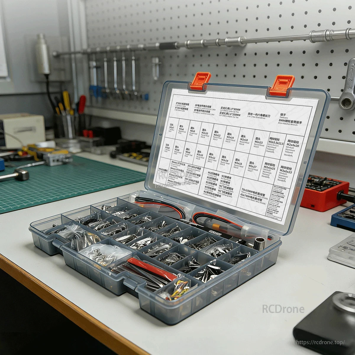 GEPRC FPV Hardware Pack, Organized FPV kit with labeled, clear-lidded compartments for easy identification of hardware during drone assembly or repair.