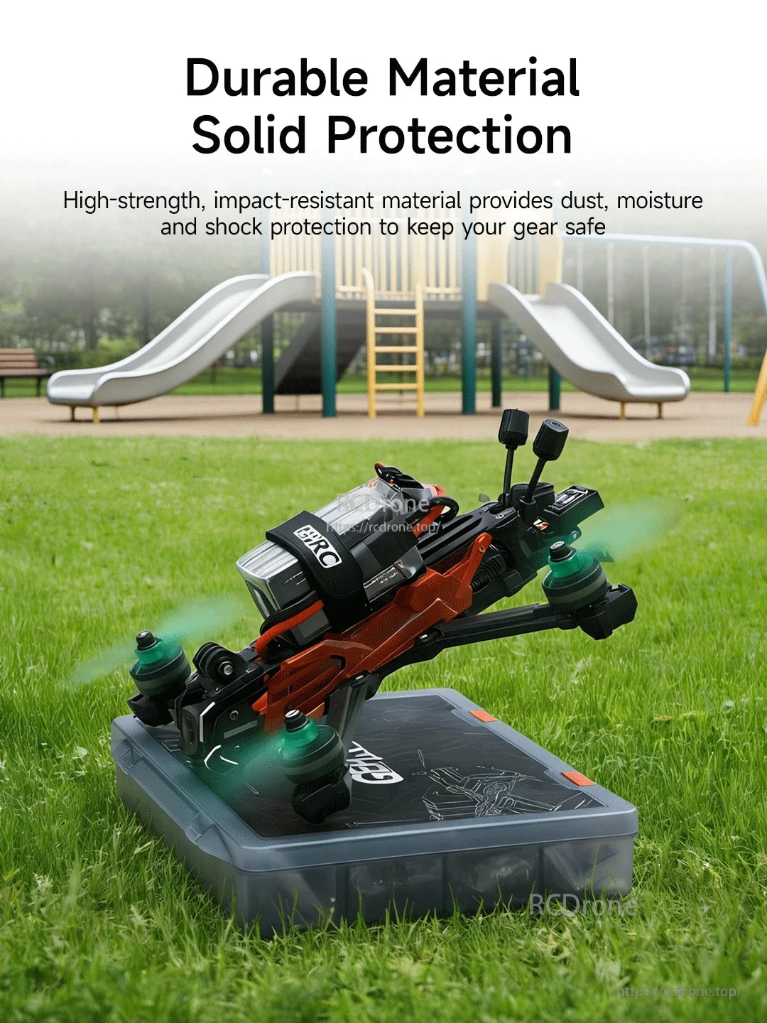 GEPRC FPV Hardware Pack, Durable, impact-resistant case protects FPV gear from dust, moisture, and shocks; drone shown on it in a grassy park.