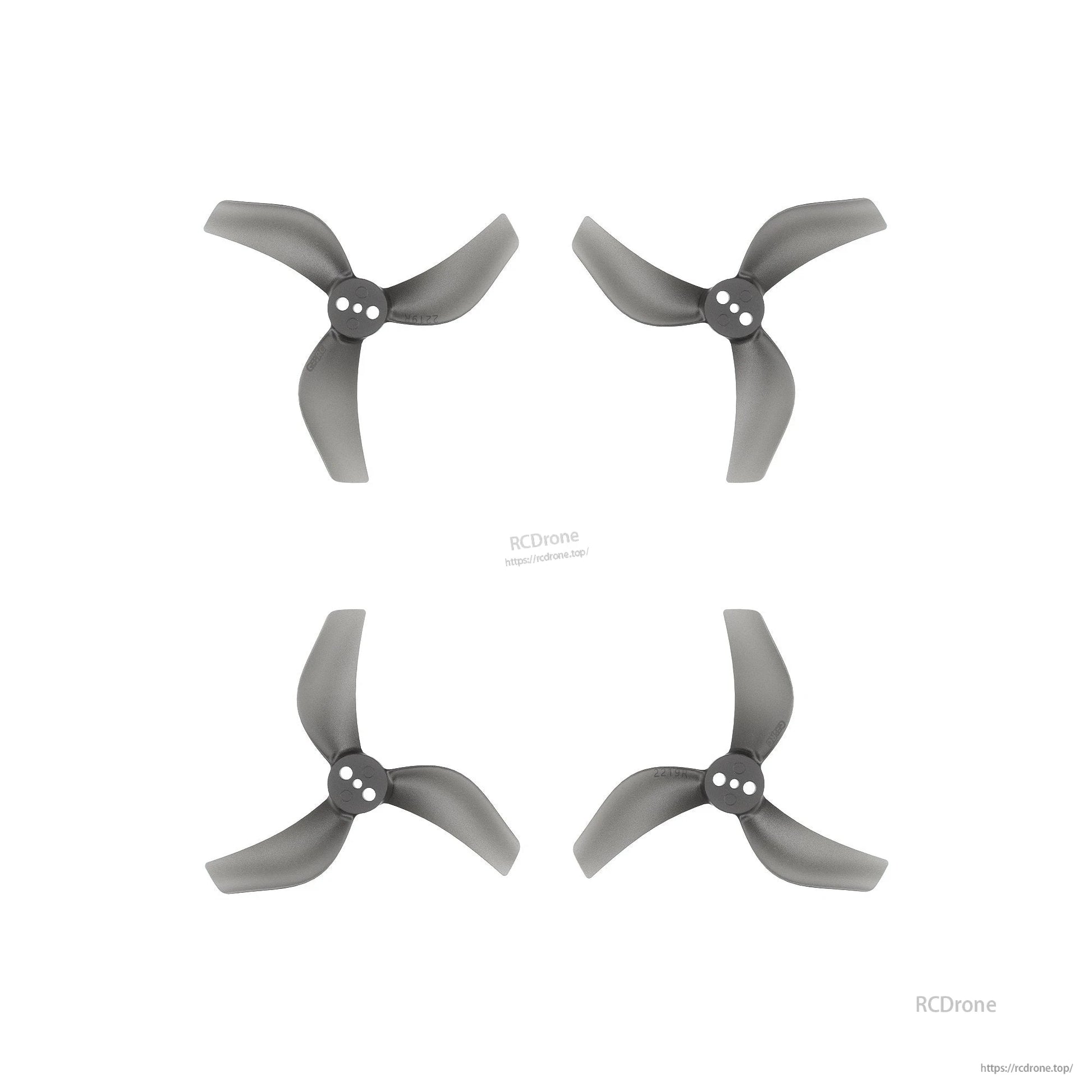 GEPRC x GEMFAN GP2219-3 Propeller, Four 55.9mm black 3-blade PC propellers for 2.2-inch drones, 3-hole mount, GEPRC x GEMFAN GP2219-3 model, sleek design.