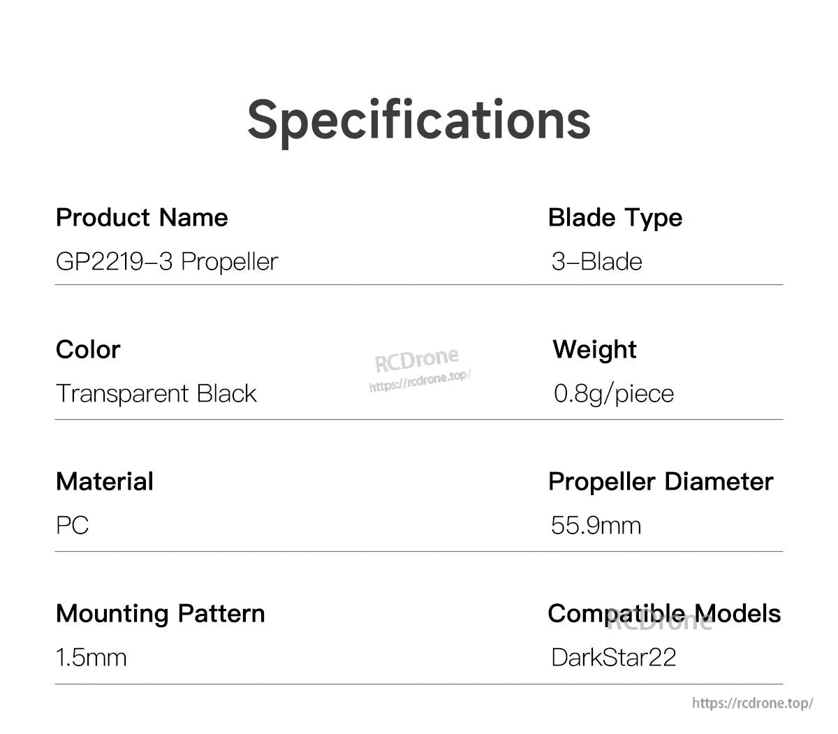 GEPRC x GEMFAN GP2219-3 Propeller, GP2219-3: 3-blade, transparent black PC propeller, 55.9mm dia., 0.8g, 1.5mm mount, for DarkStar22.