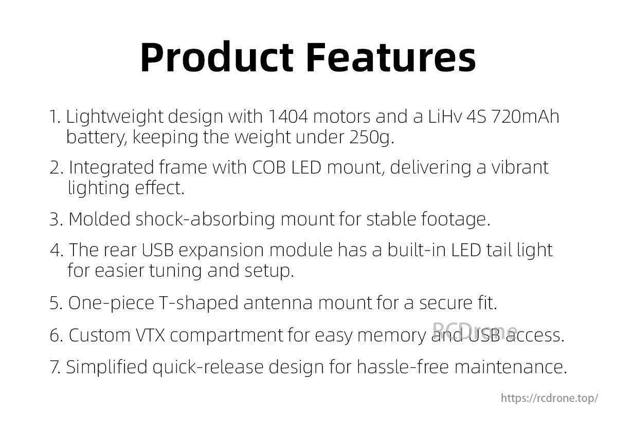 Geprc CL30 FPV Drone, The GEPRC GEP-CL30 V2 O3 drone features a 124mm wheelbase, 1404 motors, LiHV 4S battery, COB LED mount, shock-absorbing design, USB expansion, tail light, T-shaped antenna mount, VTX compartment, and quick-release for easy maintenance.