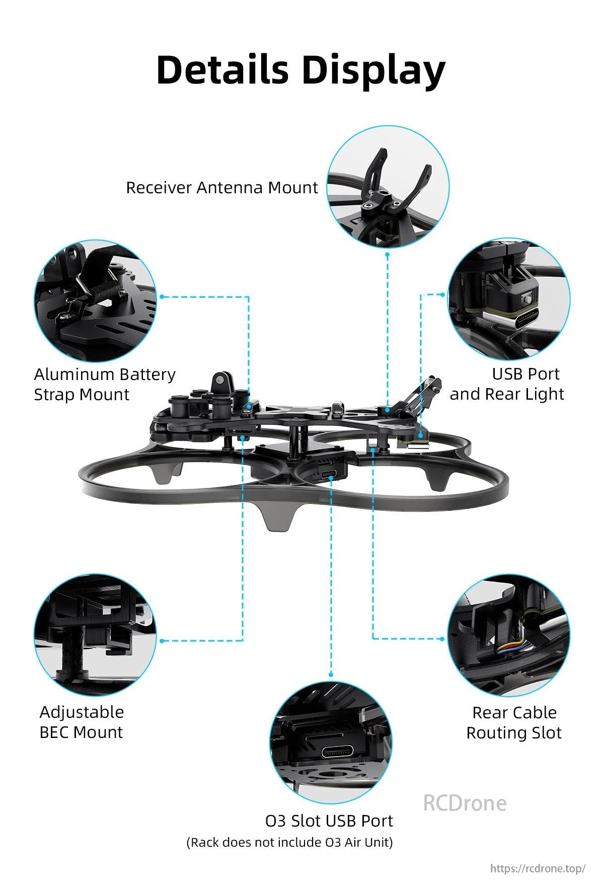 Geprc CL30 FPV Drone, GEPRC GEP-CL30 V2 O3 FPV drone frame features 124mm wheelbase, receiver antenna mount, aluminum battery strap, USB port, and rear light.