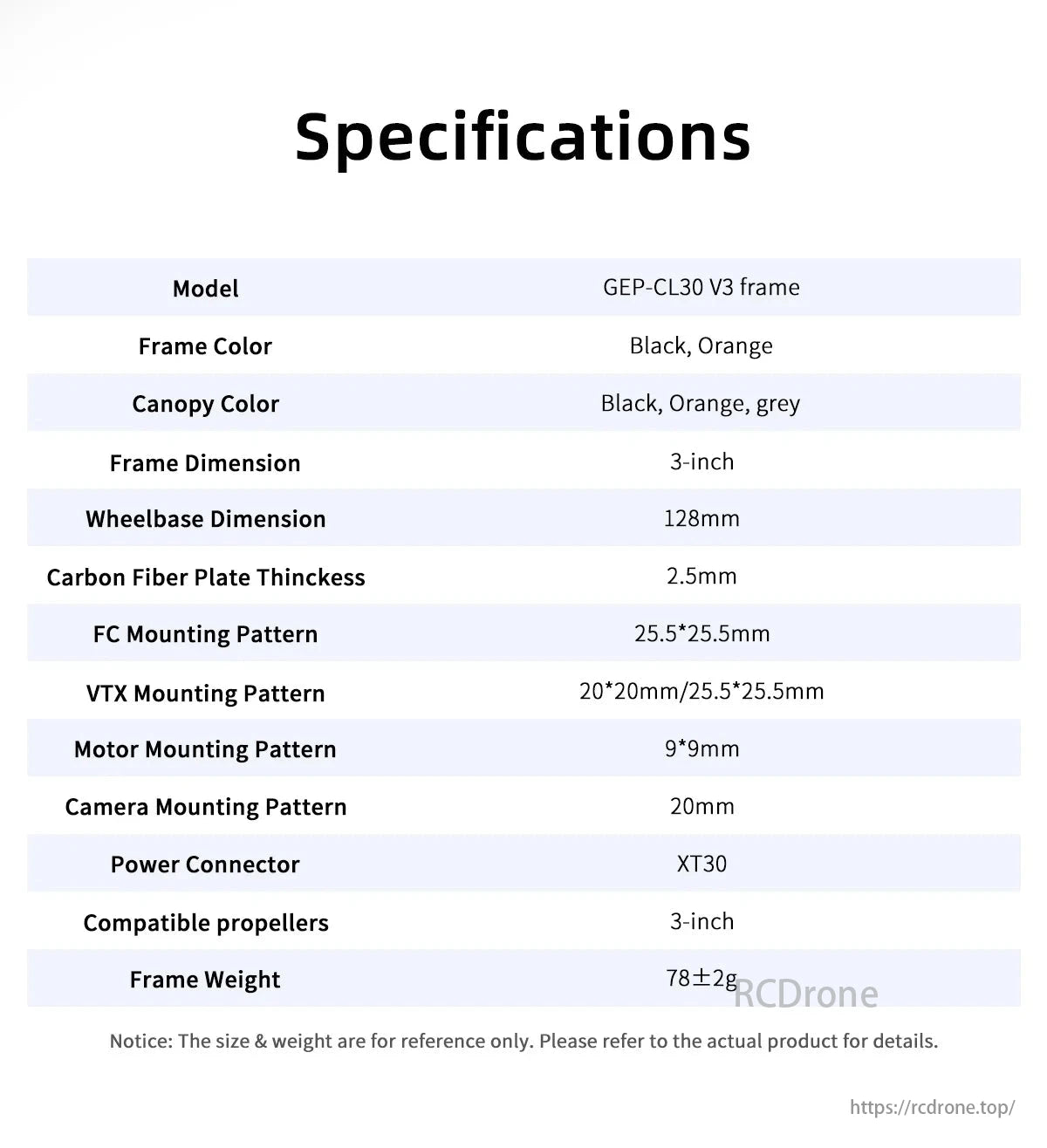 GEPRC GEP-CL30 FPV Drone, GEP-CL30 V3 FPV drone frame, 3-inch carbon fiber design, 128mm wheelbase, supports FC/VTX/motor/camera mounts, XT30 connectors, propellers; weighs 78±2g; colors: black, orange, grey.