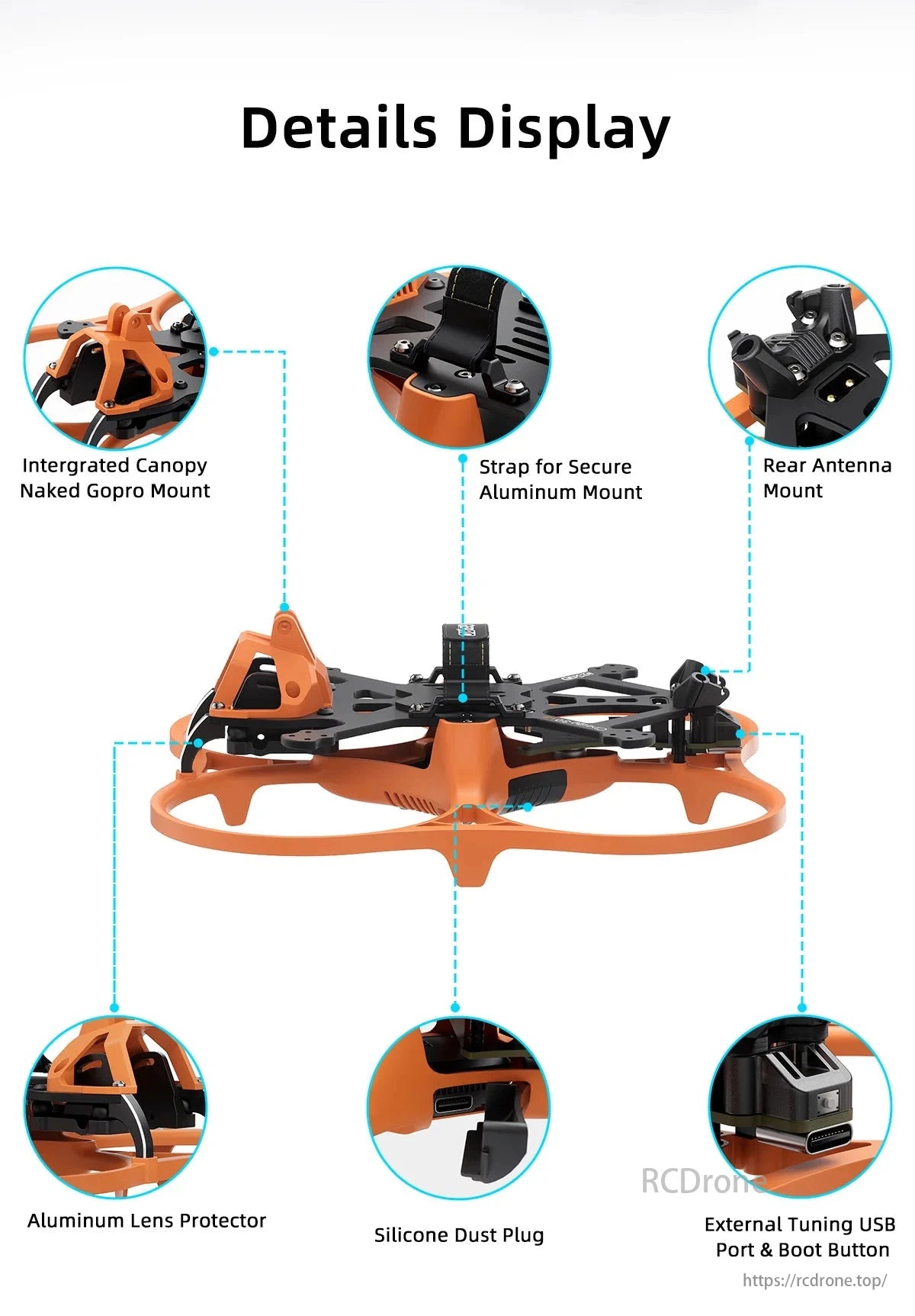 GEPRC GEP-CL30 FPV Drone, GEPRC GEP-CL30 V3 drone frame features integrated canopy, GoPro mount, antenna mount, lens protector, and USB port for enhanced functionality.