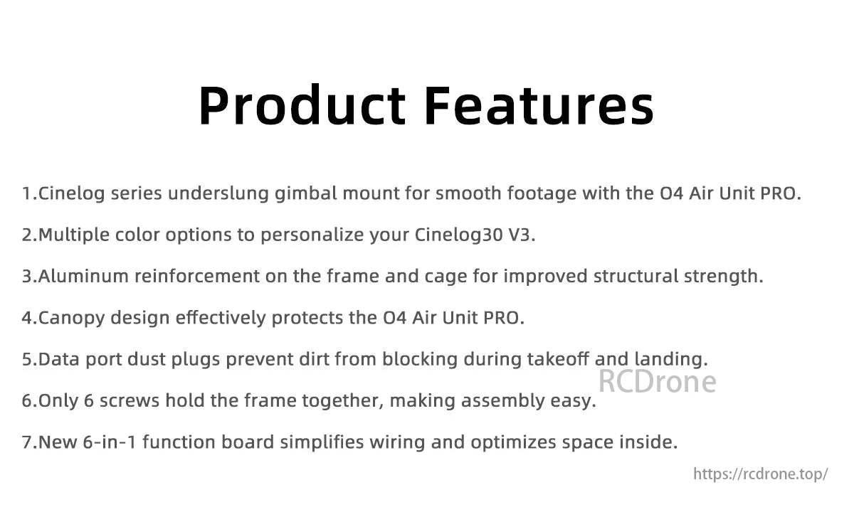 GEPRC GEP-CL30 FPV Drone, The GEPRC GEP-CL30 V3 frame offers a cinelog gimbal mount, multiple colors, aluminum reinforcement, canopy protection, dust plugs, easy assembly, and a 6-in-1 function board for an optimal FPV experience.