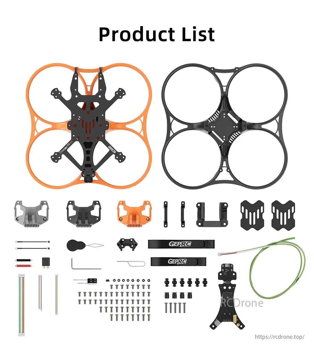 GEPRC GEP-CL30 FPV Drone, The GEPRC GEP-CL30 V3 drone frame product list includes two frames (orange and black), components, screws, connectors, and accessories.