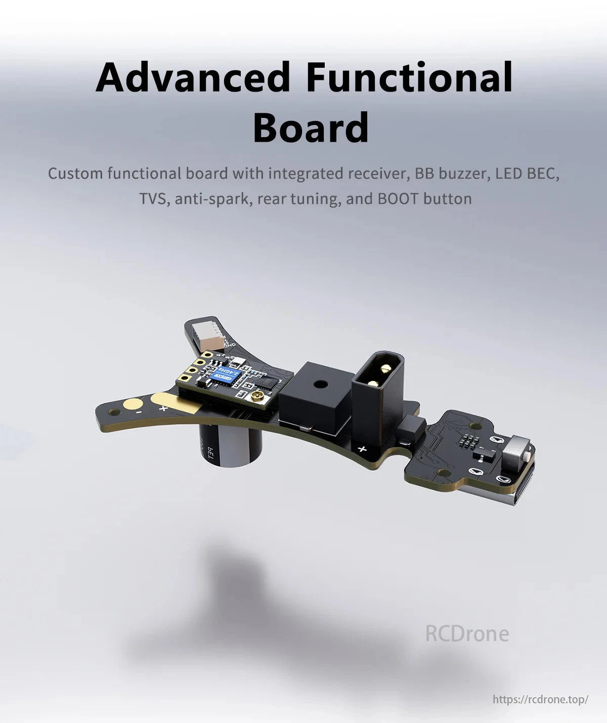 GEPRC GEP-CL30 FPV Drone, Functional board with receiver, buzzer, LED BEC, TVS, anti-spark, tuning, and BOOT button for advanced features.