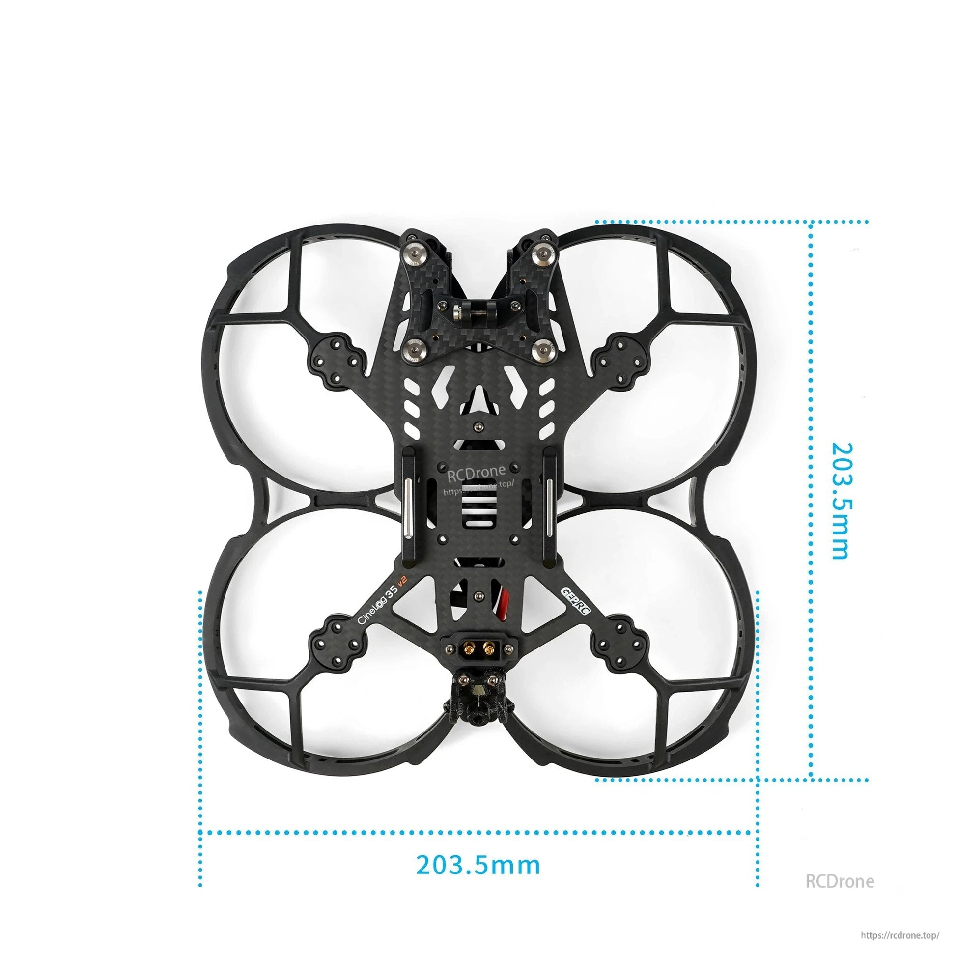 GEPRC GEP-CL35 V2 FPV Frame, Top view of GEPRC CineLog35 V2 FPV frame with integrated 3.5-inch prop guards, 203.5 mm overall size.