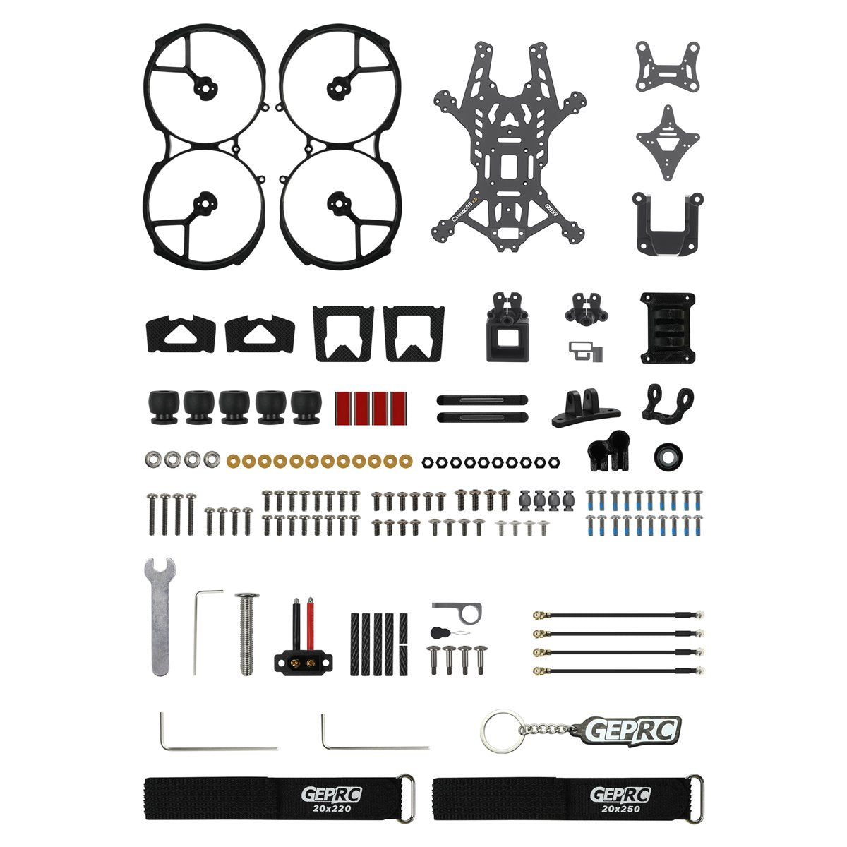 GEPRC GEP-CL35 V3 FPV frame kit laid out with ducts, carbon plates, camera mounts, straps, and full screw hardware set