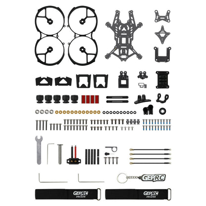 GEPRC GEP-CL35 V3 FPV frame kit laid out with ducts, carbon plates, camera mounts, straps, and full screw hardware set