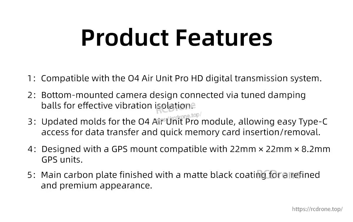 Product features list for GEPRC GEP-CL35 V3 FPV frame, including O4 Air Unit Pro compatibility, GPS mount, Type-C access