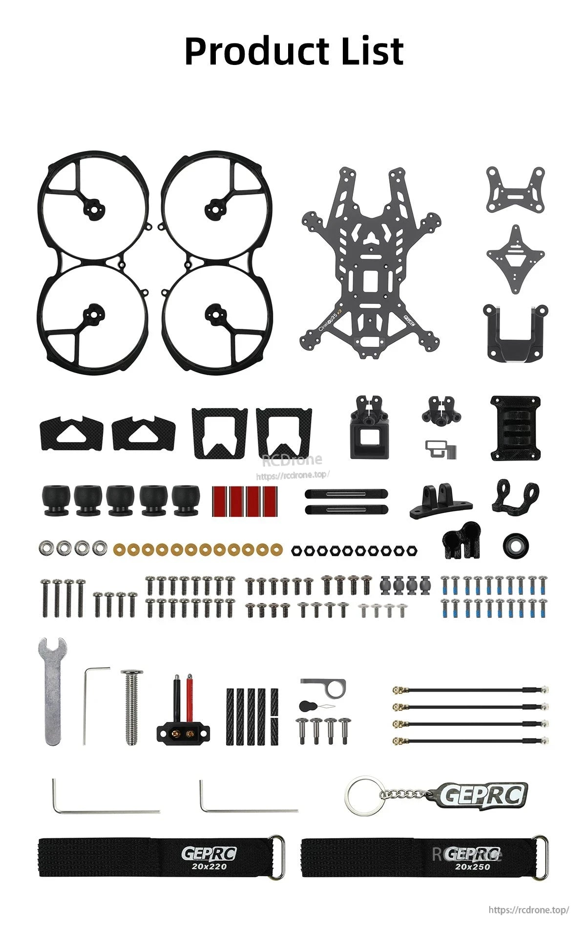 GEPRC GEP-CL35 V3 FPV frame kit parts layout with duct guards, carbon plates, hardware, straps and accessories