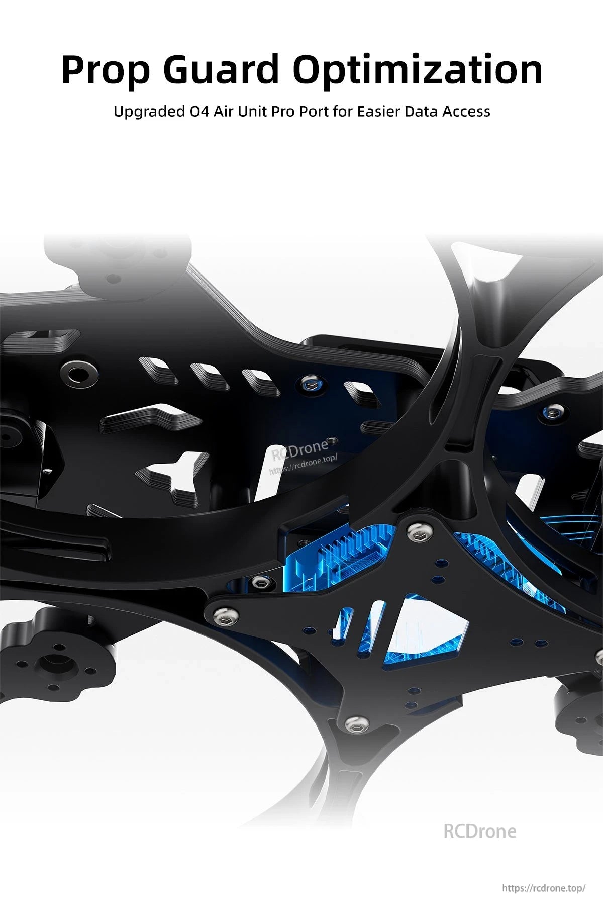 Close-up of GEPRC GEP-CL35 V3 FPV frame with integrated prop guard and upgraded O4 Air Unit Pro port access
