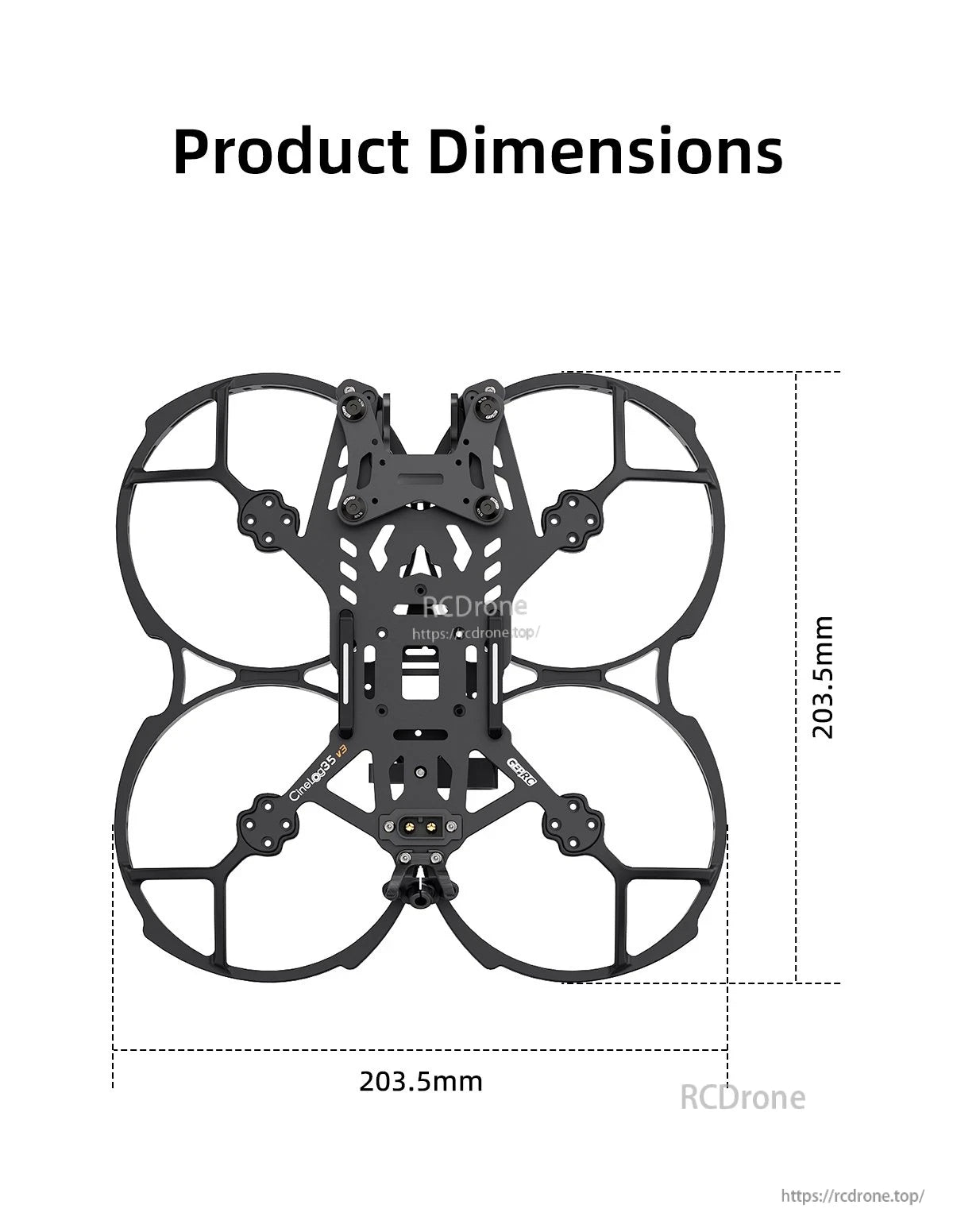 GEPRC GEP-CL35 V3 FPV Frame, GEPRC GEP-CL35 V3 FPV drone frame top view with ducted prop guards and 203.5 mm dimensions