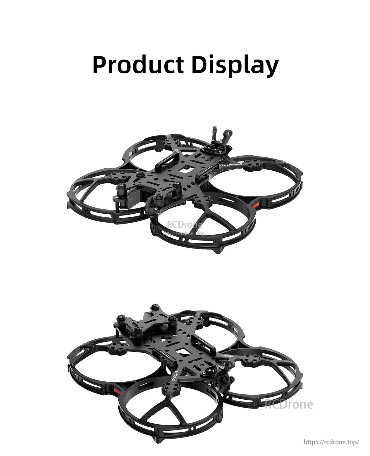 GEPRC GEP-CL35 V3 FPV Frame, GEPRC GEP-CL35 V3 FPV drone frame with integrated ducted prop guards, shown from top and bottom views