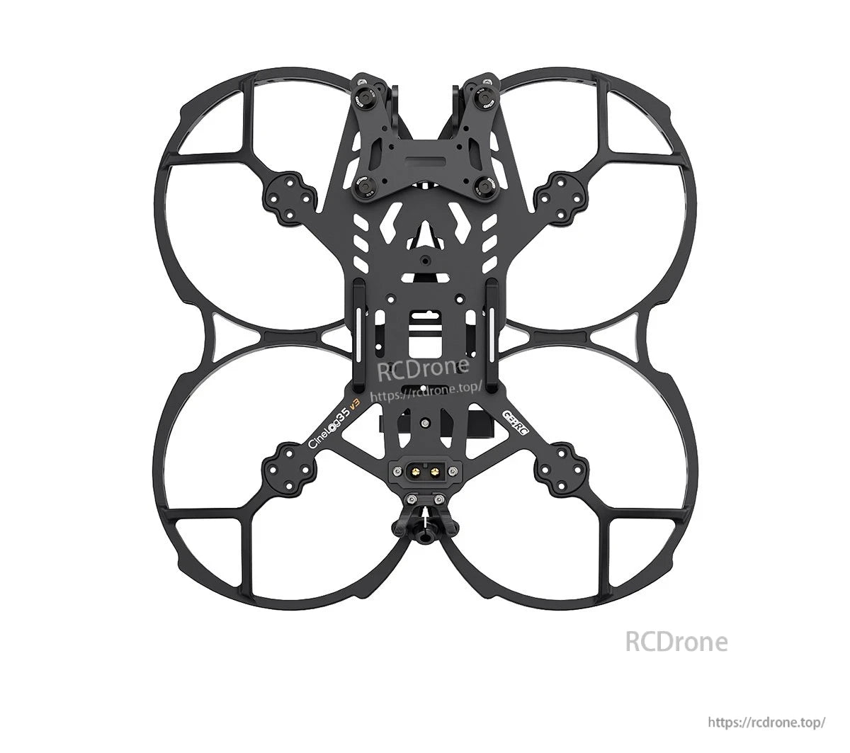 GEPRC GEP-CL35 V3 FPV Frame, Top view of GEPRC GEP-CL35 V3 CineLog35 FPV frame with integrated prop guards and camera mounting plate