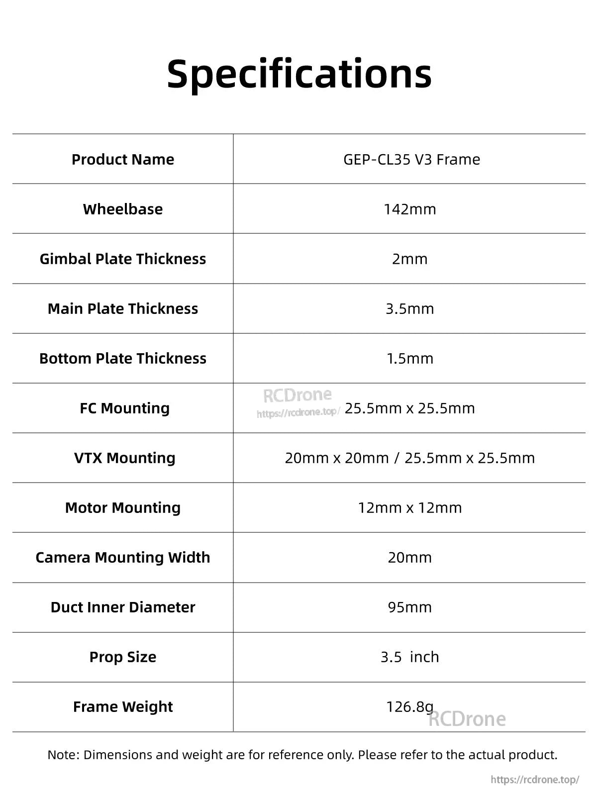 GEPRC GEP-CL35 V3 FPV frame specifications table listing 142mm wheelbase, 3.5in props, 126.8g weight