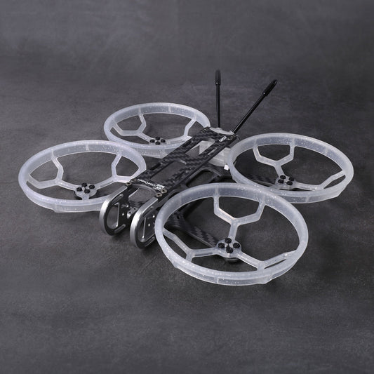 GEPRC GEP-CQ 3-inch FPV frame with carbon fiber plate and four translucent prop ducts on a dark background