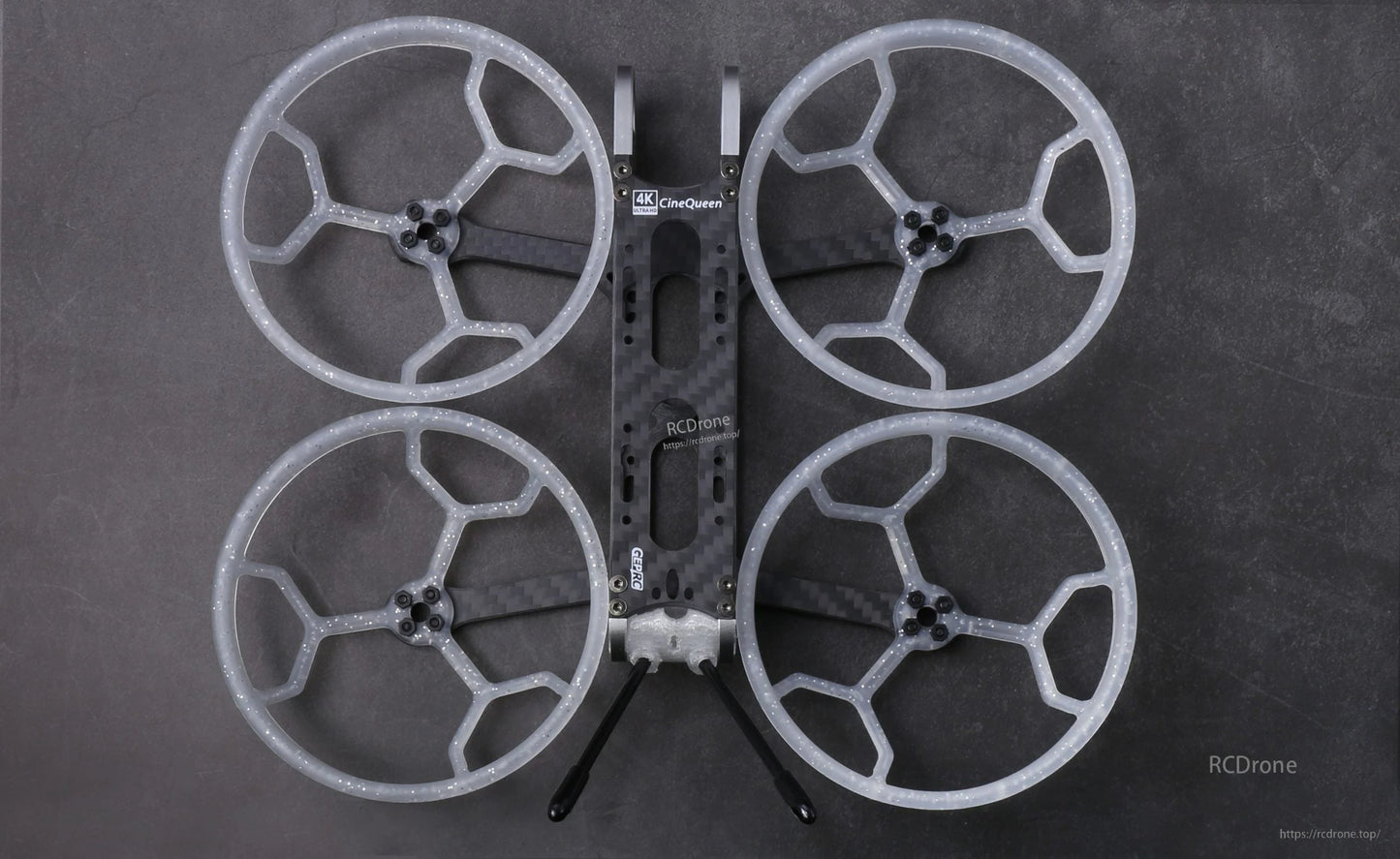 Top view of GEPRC GEP-CQ 3-inch FPV frame with four clear duct prop guards and carbon fiber center plate