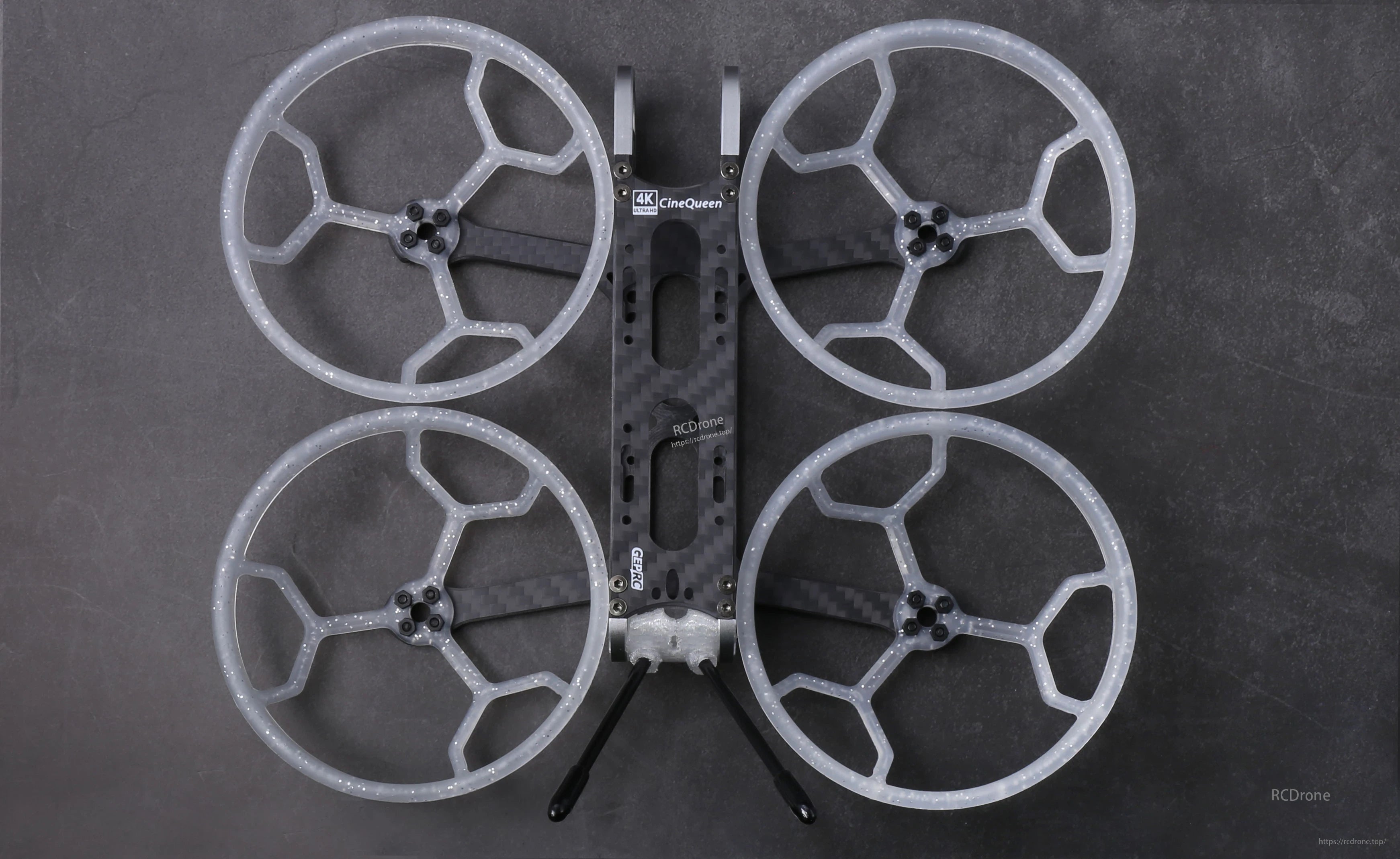 Top view of GEPRC GEP-CQ 3-inch FPV frame with carbon fiber body and four circular prop guards
