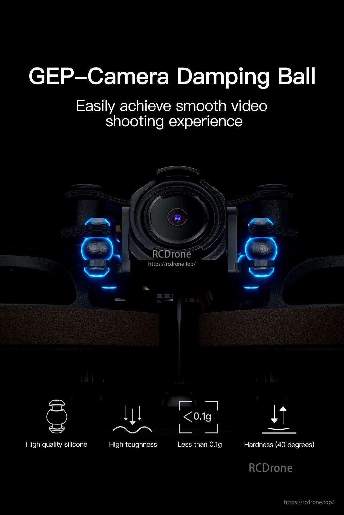 GEPRC GEP-Camera silicone damping balls mounted around an FPV camera for anti-vibration support, 40° hardness