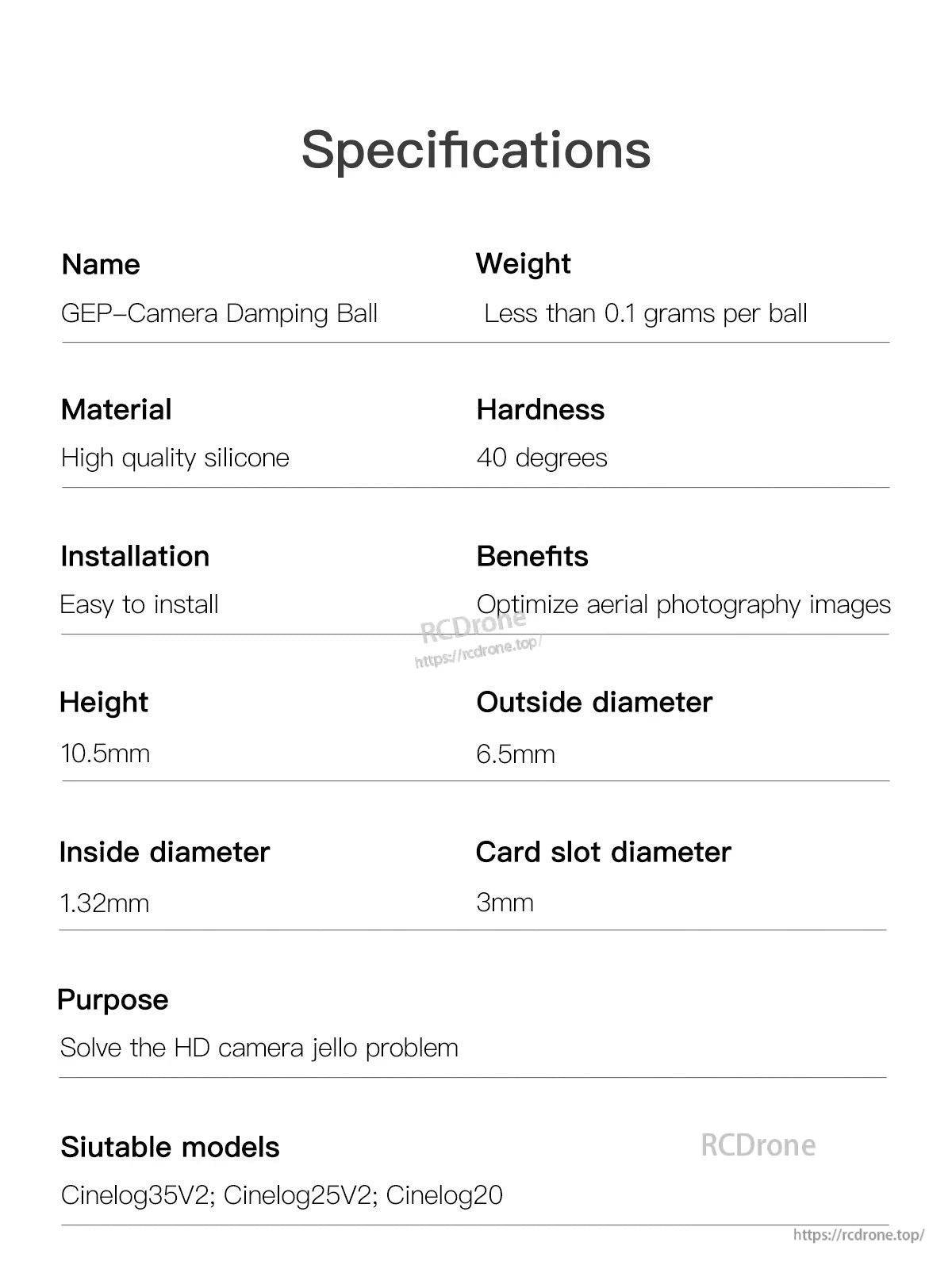 GEPRC GEP-Camera damping ball specifications listing silicone material, 40° hardness, and 10.5mm height